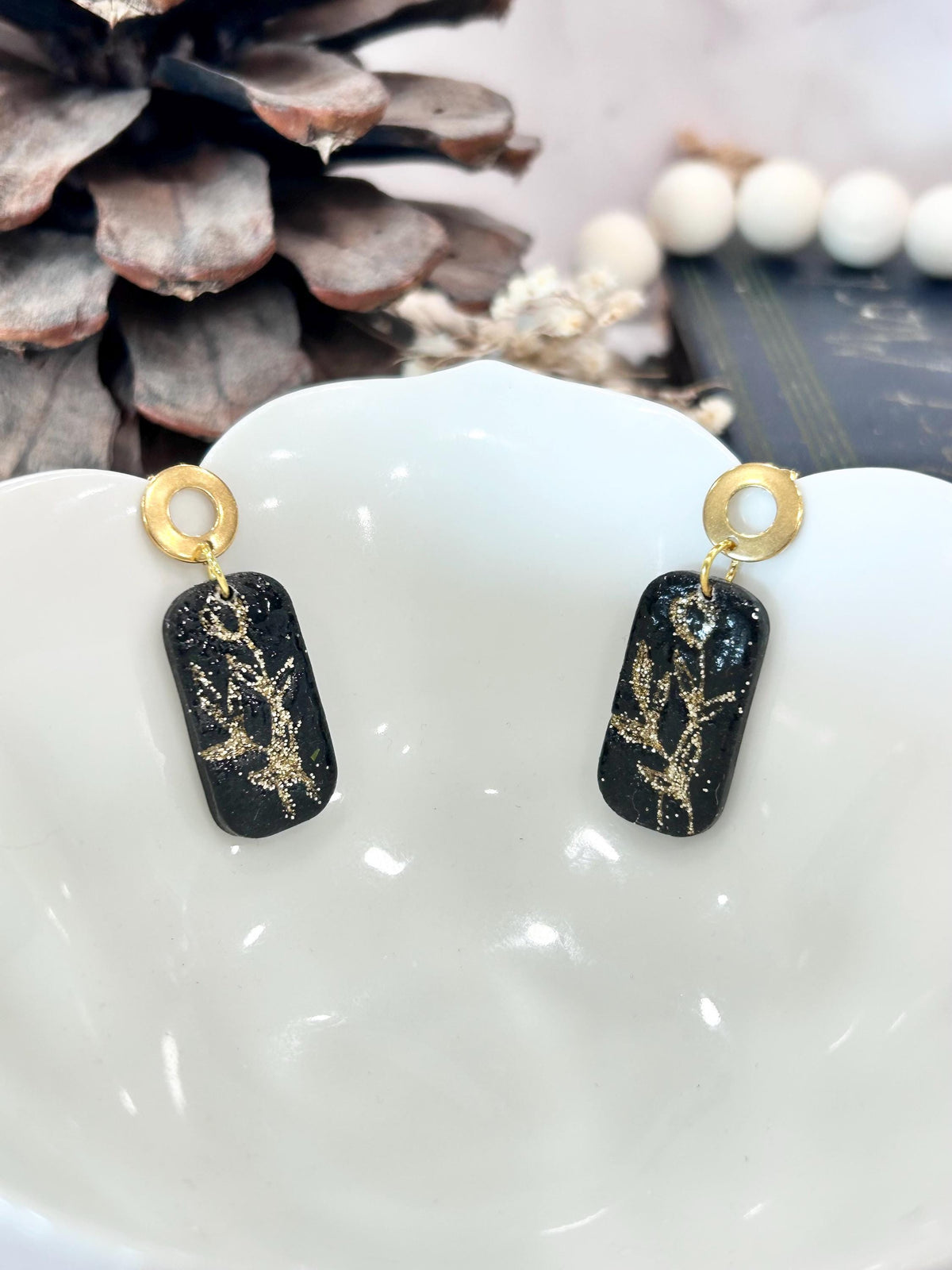 Handmade Black and Gold Tulip Earrings, Drop Dangles, Clay Jewelry