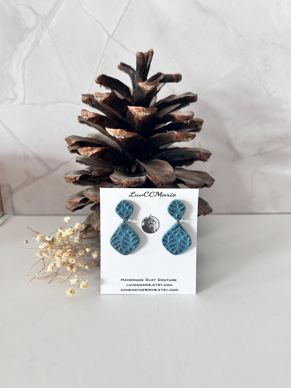 Handmade Embossed Clay Earrings: Blue Gray Boho Dangles