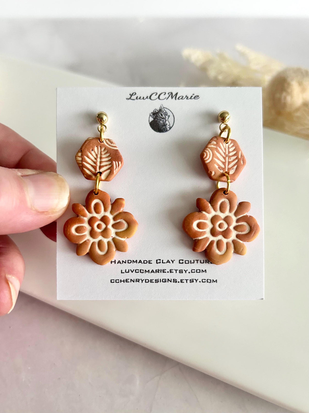 Terracotta Mexican Tile Dangles, Fall Earrings, Clay Bohemian Handmade Lightweight