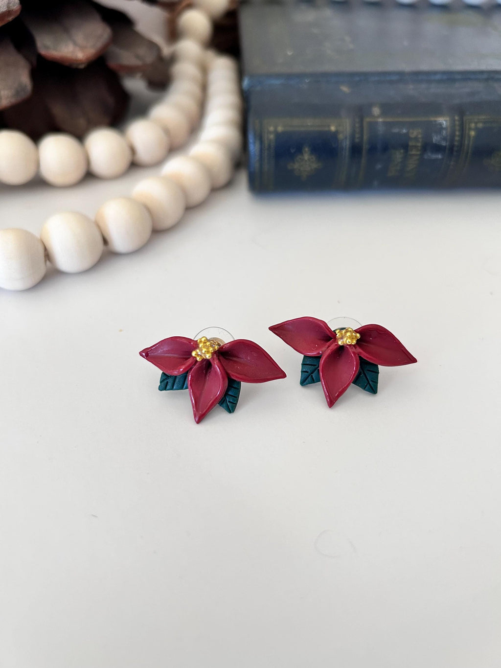 Christmas Burgundy Red Poinsettia Flower Half Stud Earrings, Holiday Clay Studs, Stocking Stuffers
