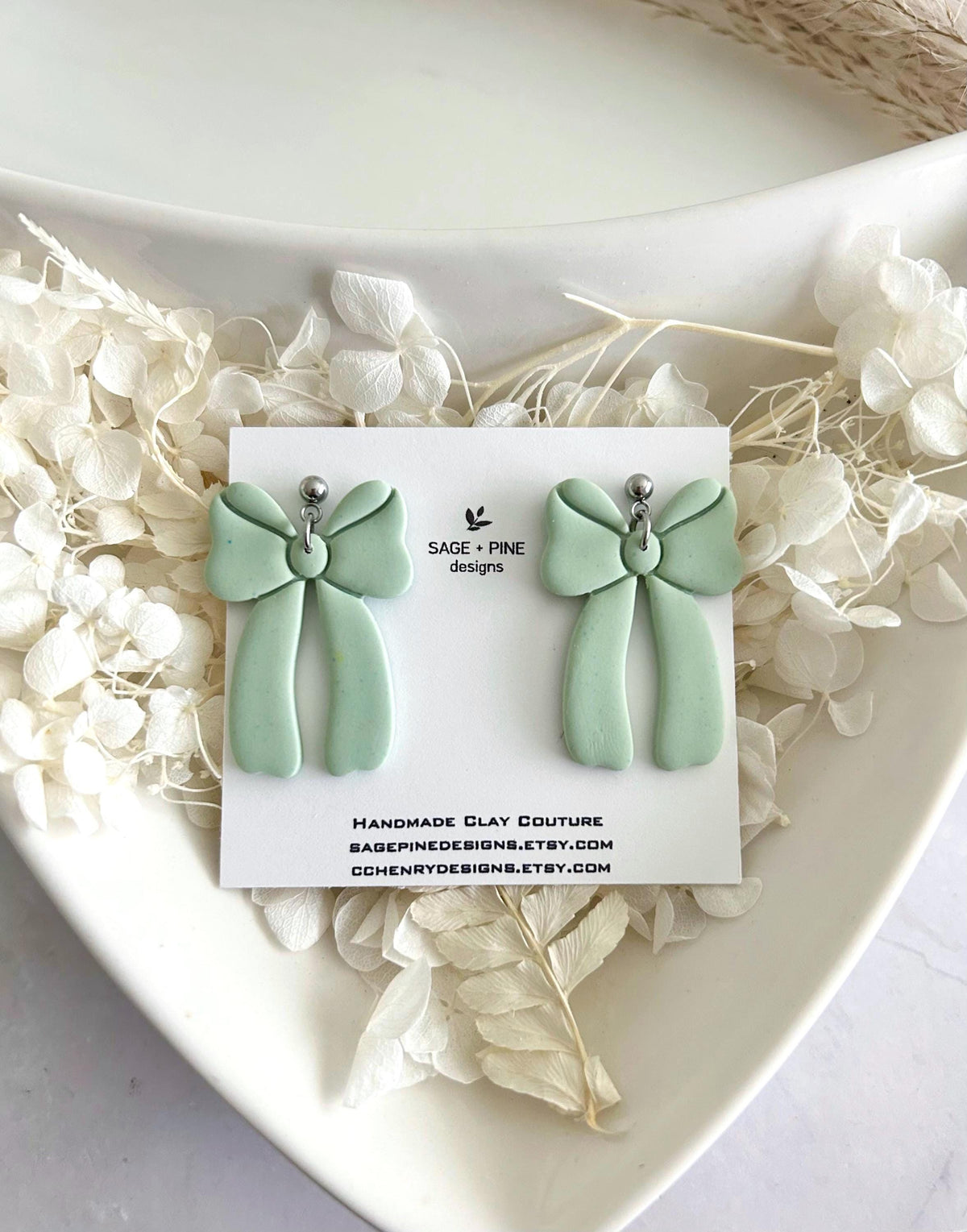Sage Green Bow Earrings, Fall Statement Hoop Dangles, Boho Clay Handmade Jewelry