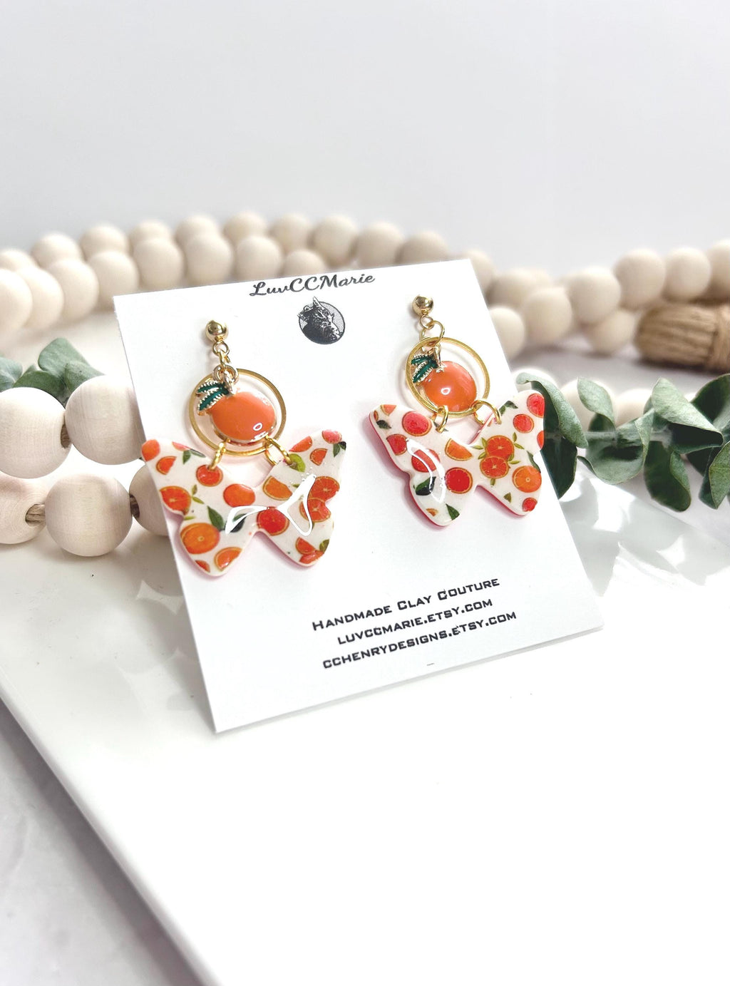 Orange Fruit Butterfly Earrings, Tangerine and White Clay Dangles