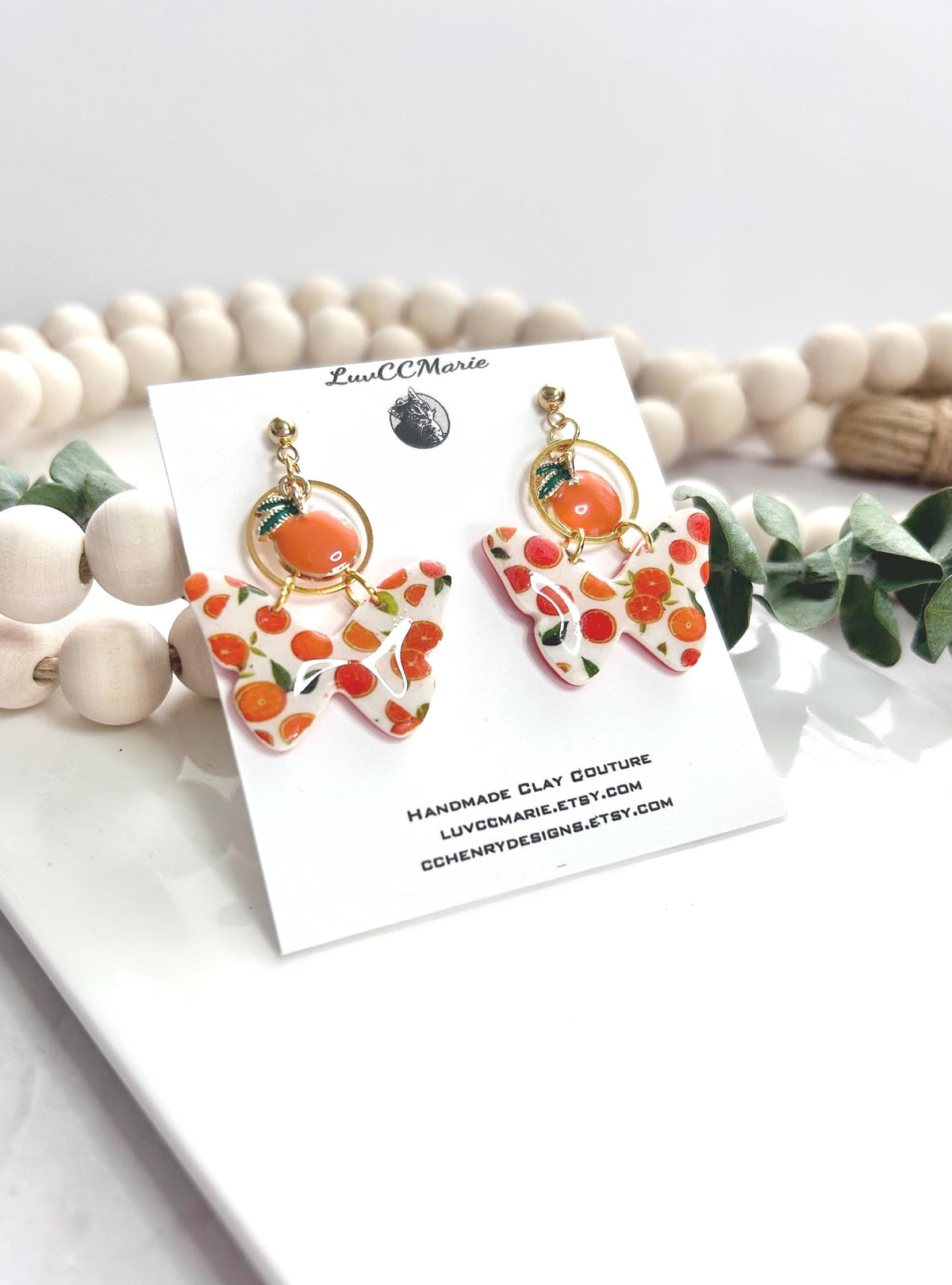 Orange Fruit Butterfly Earrings, Tangerine and White Clay Dangles