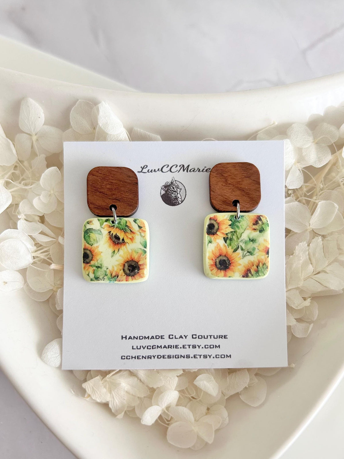 Boho Floral Earrings, Pale Yellow Wood Clay Dangles, Boho Sunflower Jewelry, Handmade Sunflower Themed Gift
