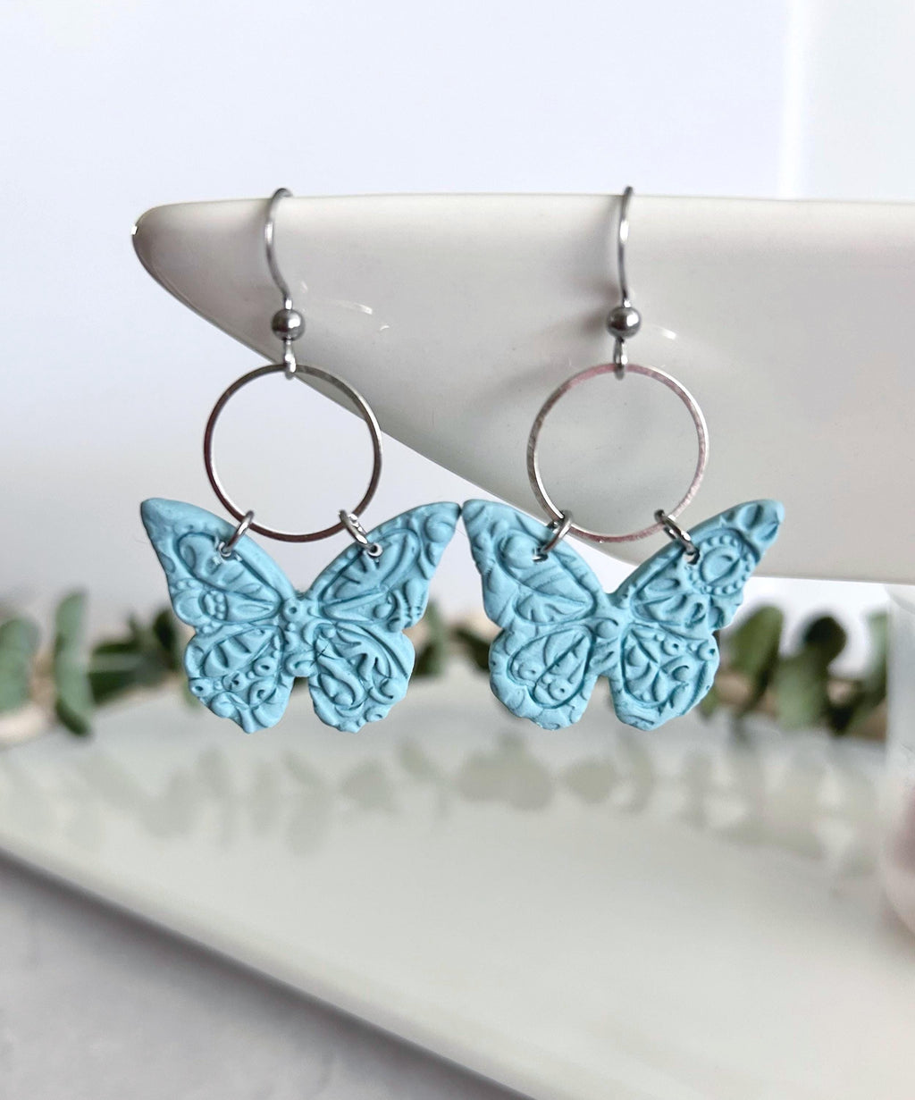Monarch Earrings, Aqua Butterfly Hoop Dangles, Handmade Lightweight Jewelry Gift