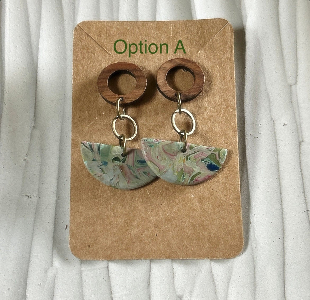 Olive Green Boho Earrings, Clay and Wood Marbled Dangles, Handmade Jewelry Gift For Her