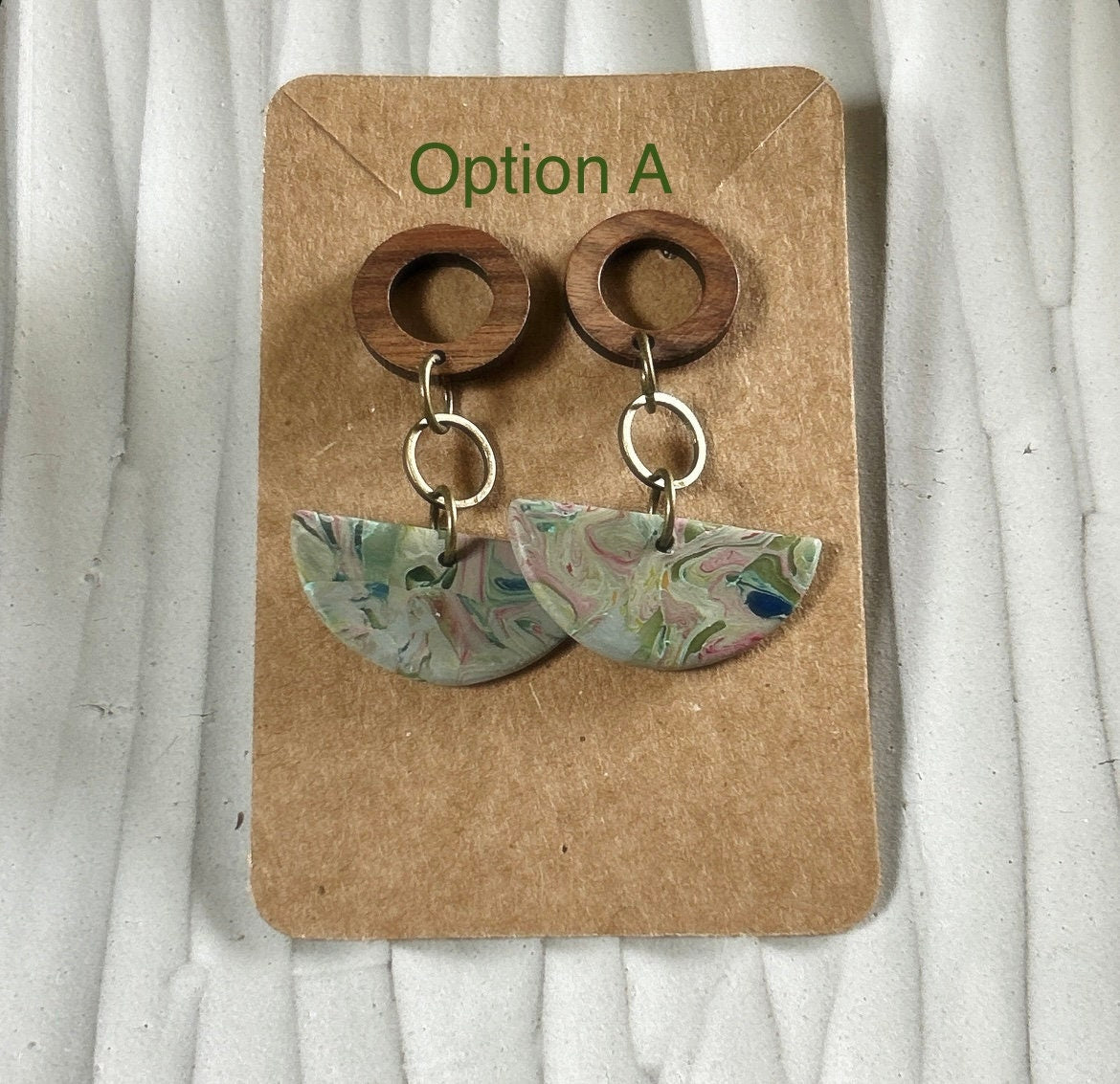 Olive Green Boho Earrings, Clay and Wood Marbled Dangles, Handmade Jewelry Gift For Her