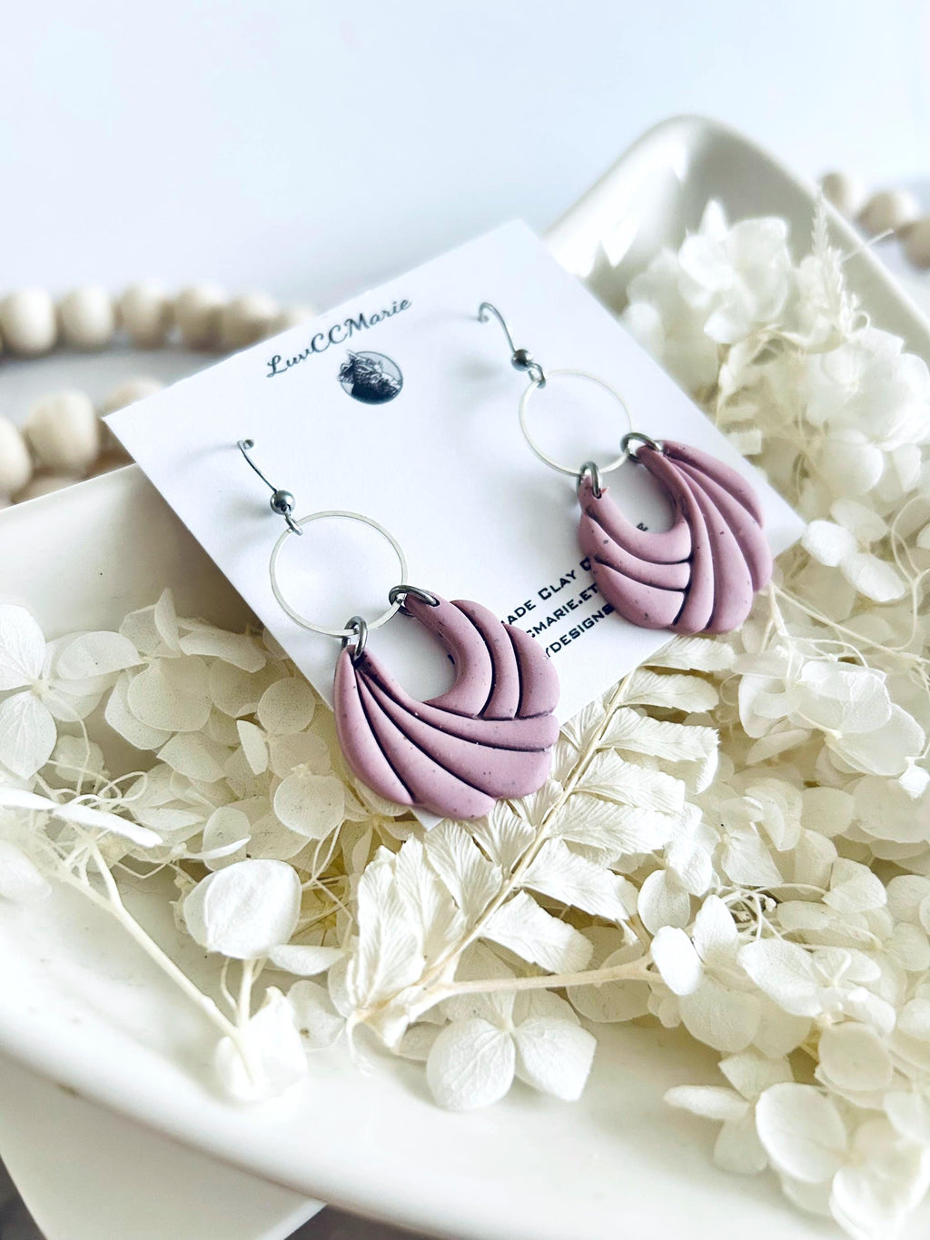 Dusty Pink Handmade Clay Dangle Earrings, Hoop Charm Dangles, Everyday Jewelry