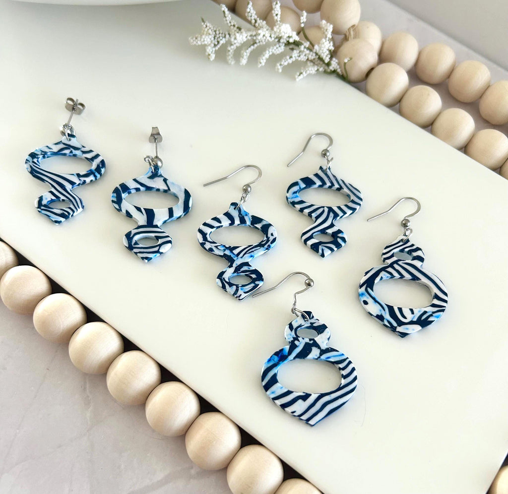 Navy and White Clay Earrings, Modern Moroccan Drop Dangles, Handmade Jewelry Gift