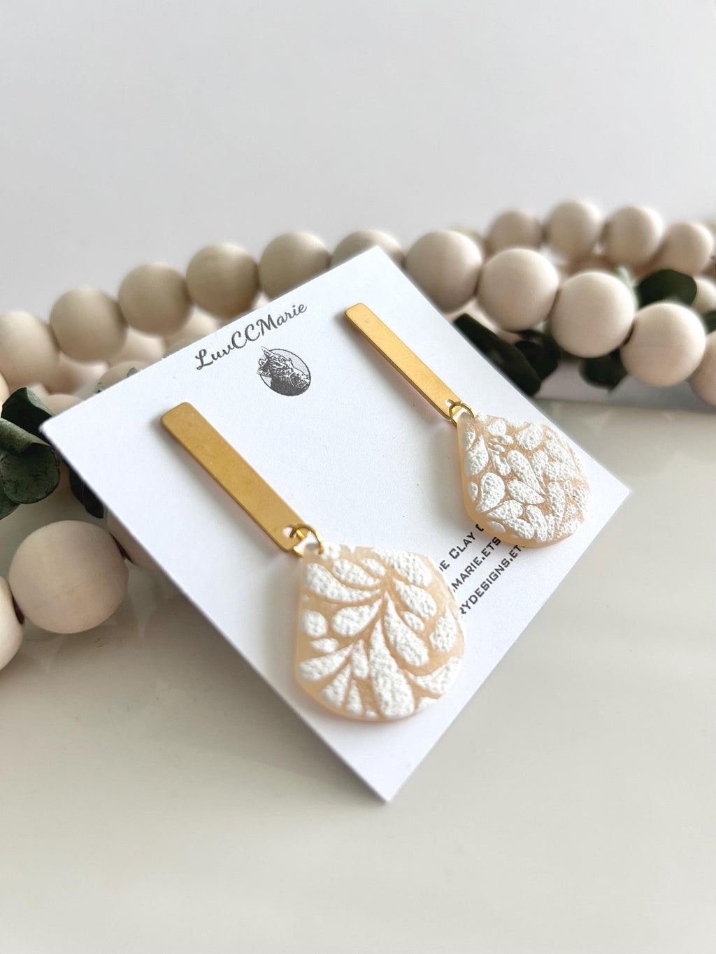 Nude and White Matisse Floral Dangle Earrings, Gold Lightweight Drop Dangles