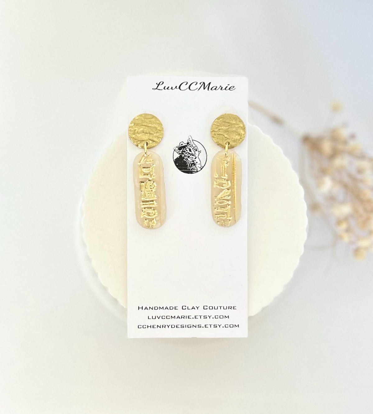 Egypt Earrings, Cartouche Bar Dangles, Egyptian Hieroglyph Clay Jewelry