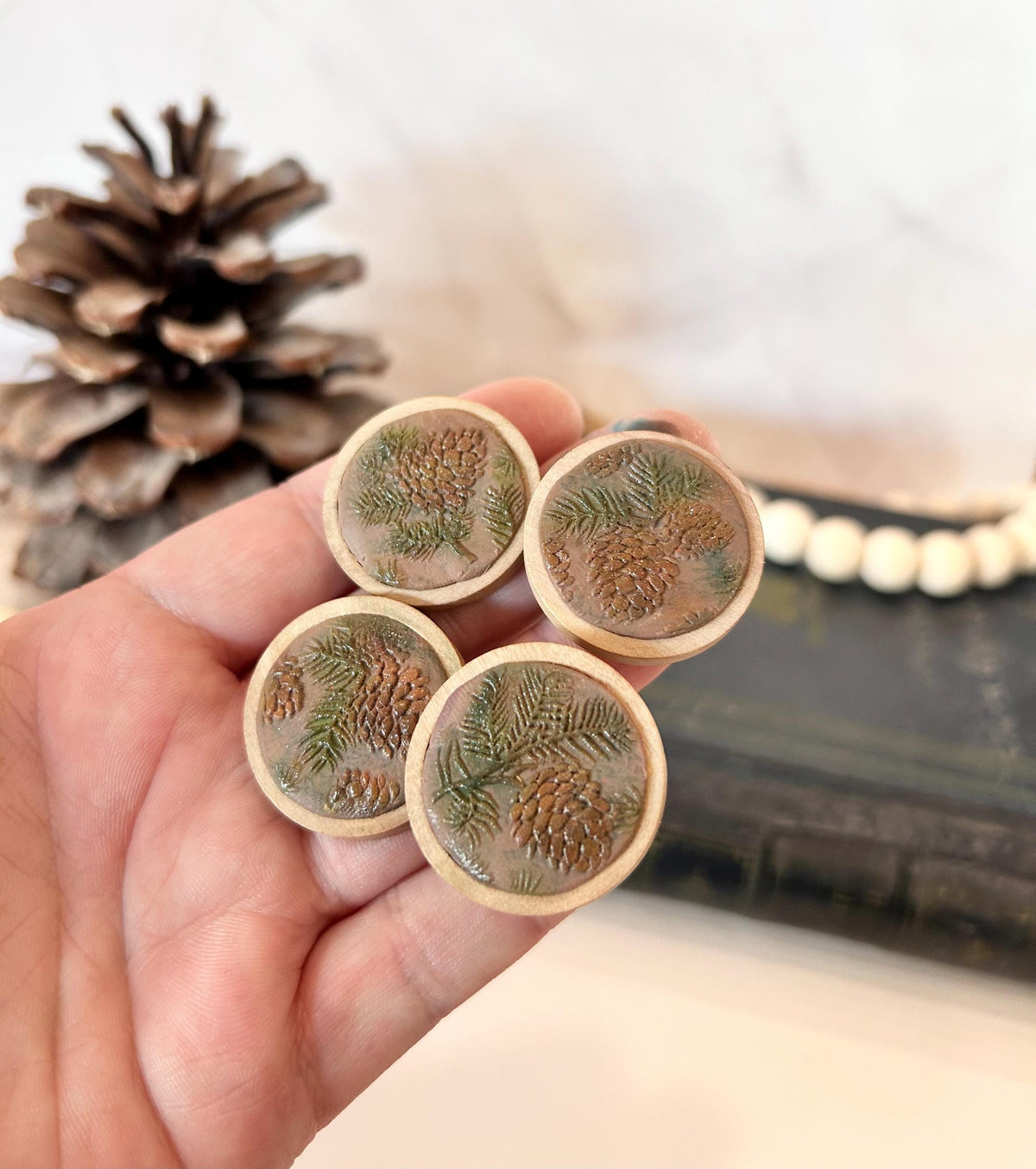Handmade Pinecone Statement Ring: Mocha Clay & Wood, Adjustable Boho Jewelry