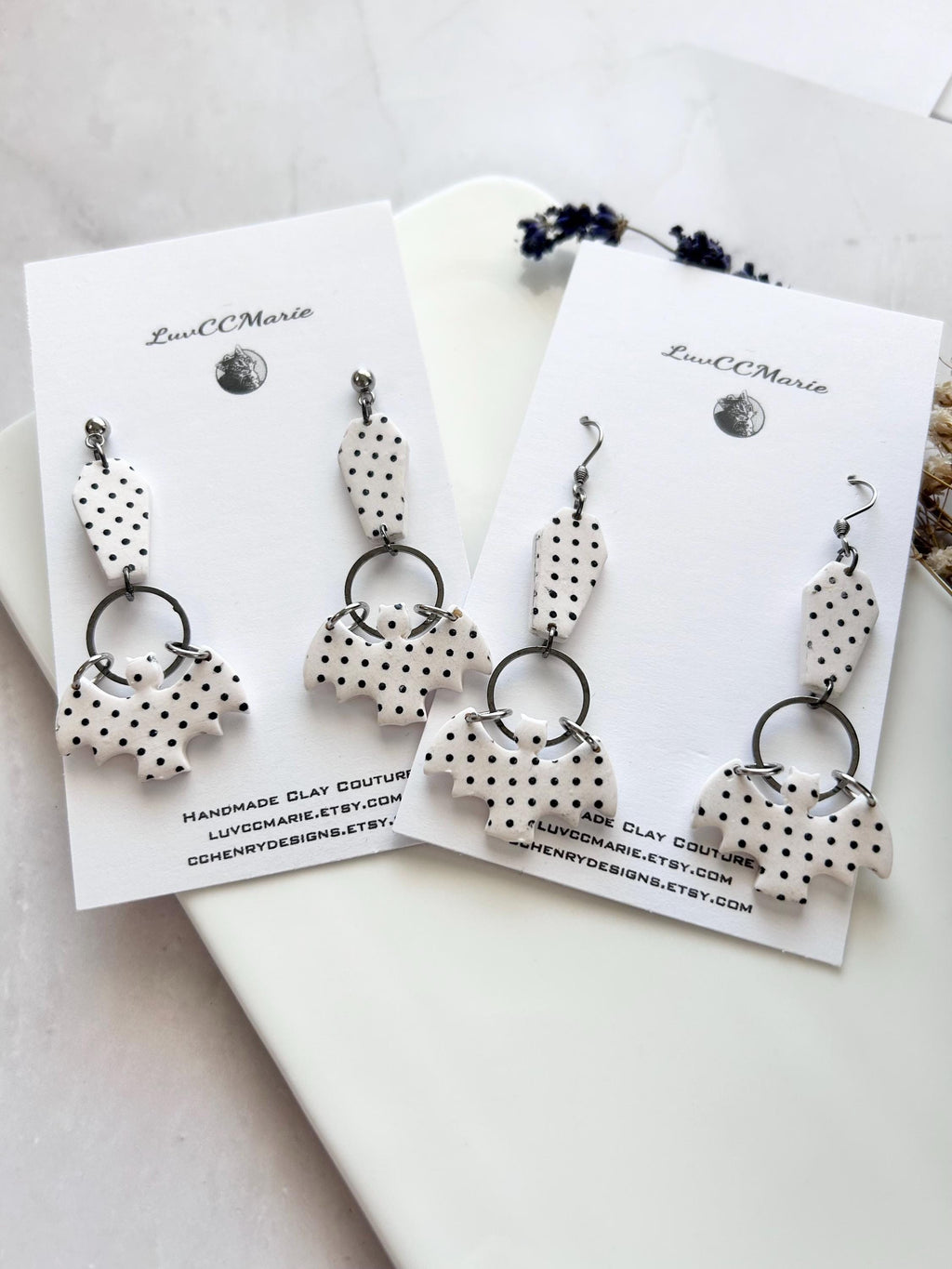 Polka Dot Long Earrings, Bat Coffin Dangles, Black and White Emo Jewelry
