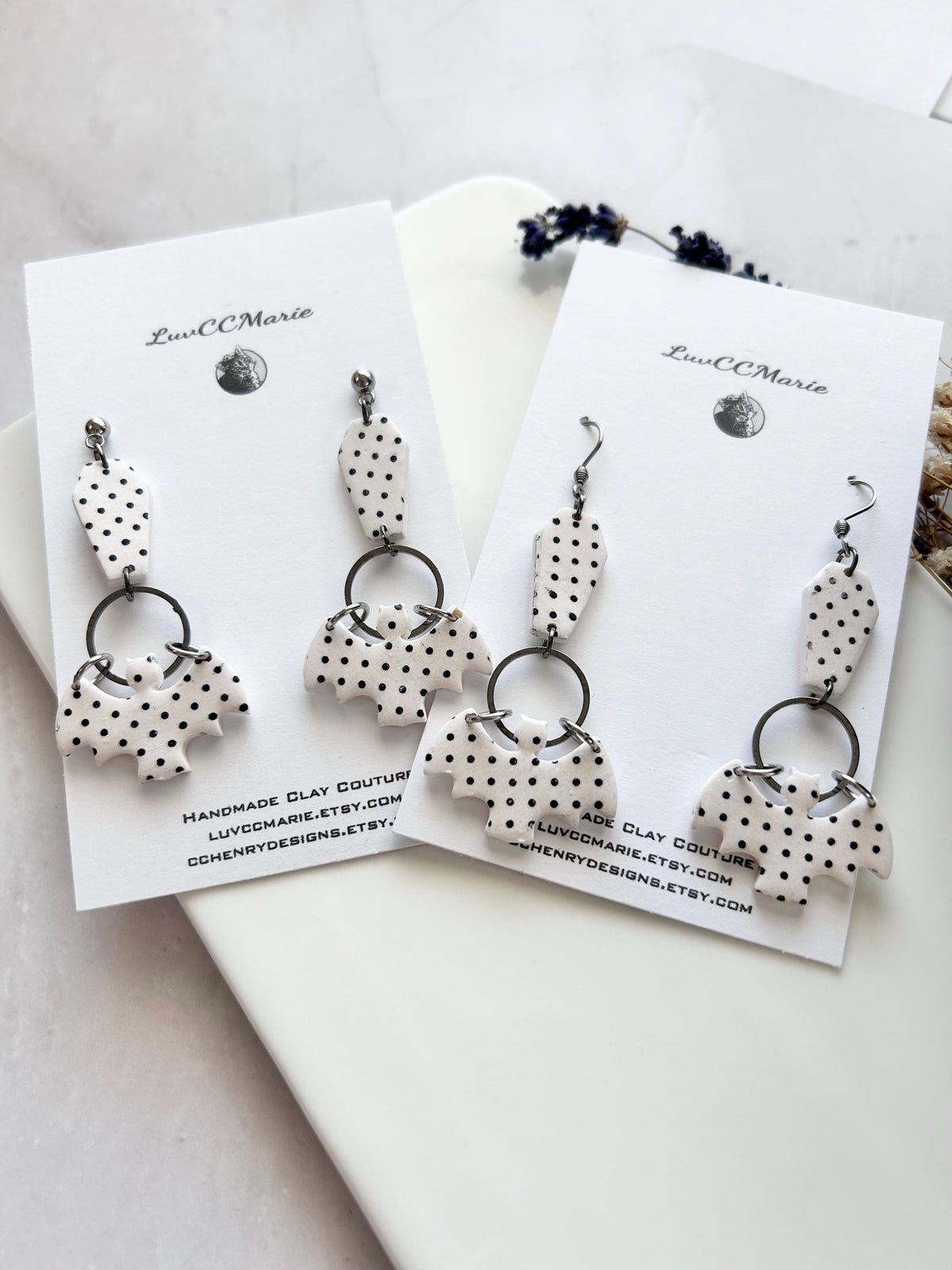 Polka Dot Long Earrings, Bat Coffin Dangles, Black and White Emo Jewelry