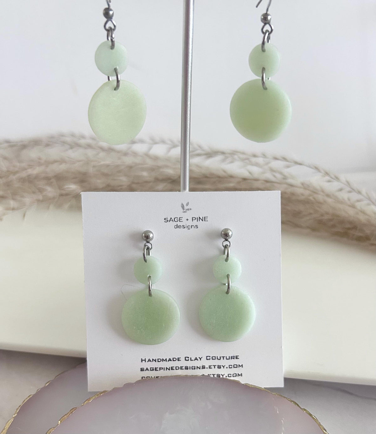 Light Green Drop Earrings, Silver Sage Dangles, Jade Colored Bead Drops, Handmade Clay