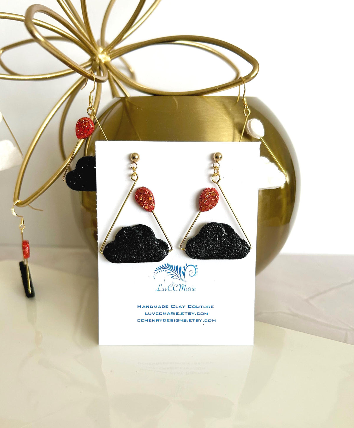 Rain Cloud Earrings, Red, White, Black, Gold, Handmade Clay Unique Gift
