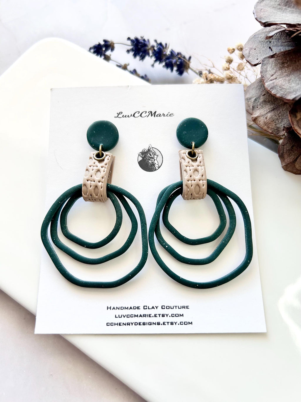 Dark Green Hoop Earrings, Forest Green Large Thin Hoops, Long Hanging Art Nouveau Drops, Unique Artisanal Dangles