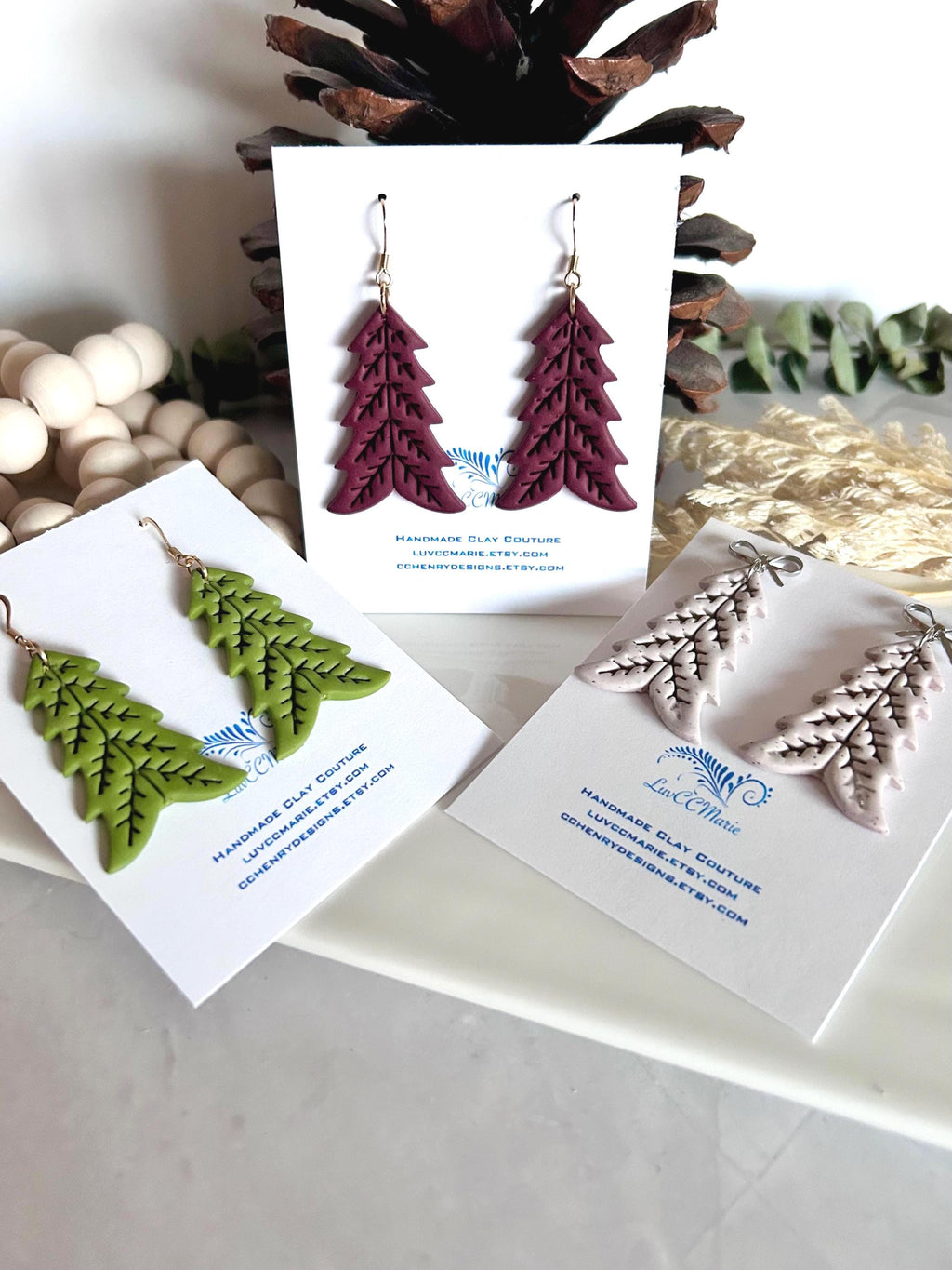 Burgundy Tree Dangle Earrings, Folk Dangles, Scandinavian Norwegian Embossed Clay Handmade Jewelry