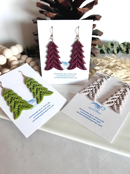 Burgundy Tree Dangle Earrings, Folk Dangles, Scandinavian Norwegian Embossed Clay Handmade Jewelry