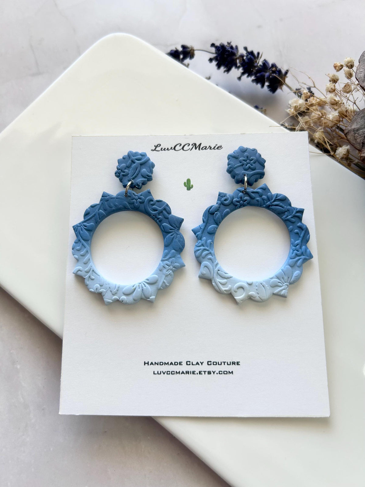 Boho Drop Hoop Earrings, Blue Ombre Statement Dangles, Handmade Clay Unique Gift