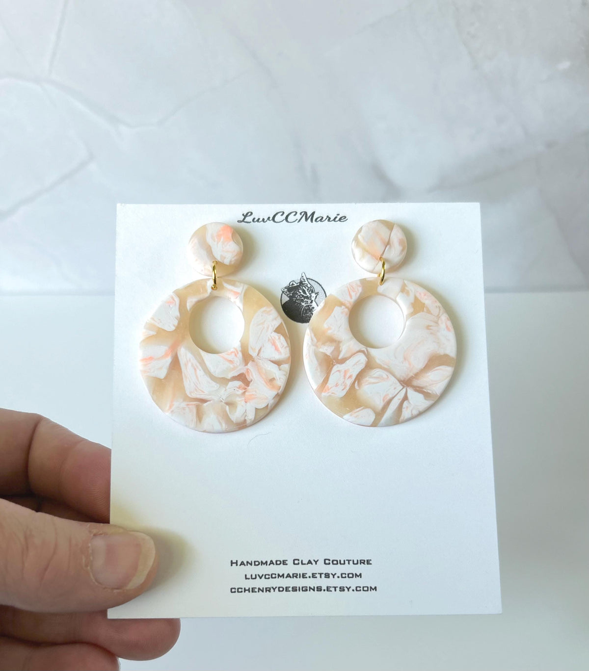 Handmade Clay Hoop Dangles, Peach and White Hoop Dangle Earrings, Minimalist Jewelry Gift