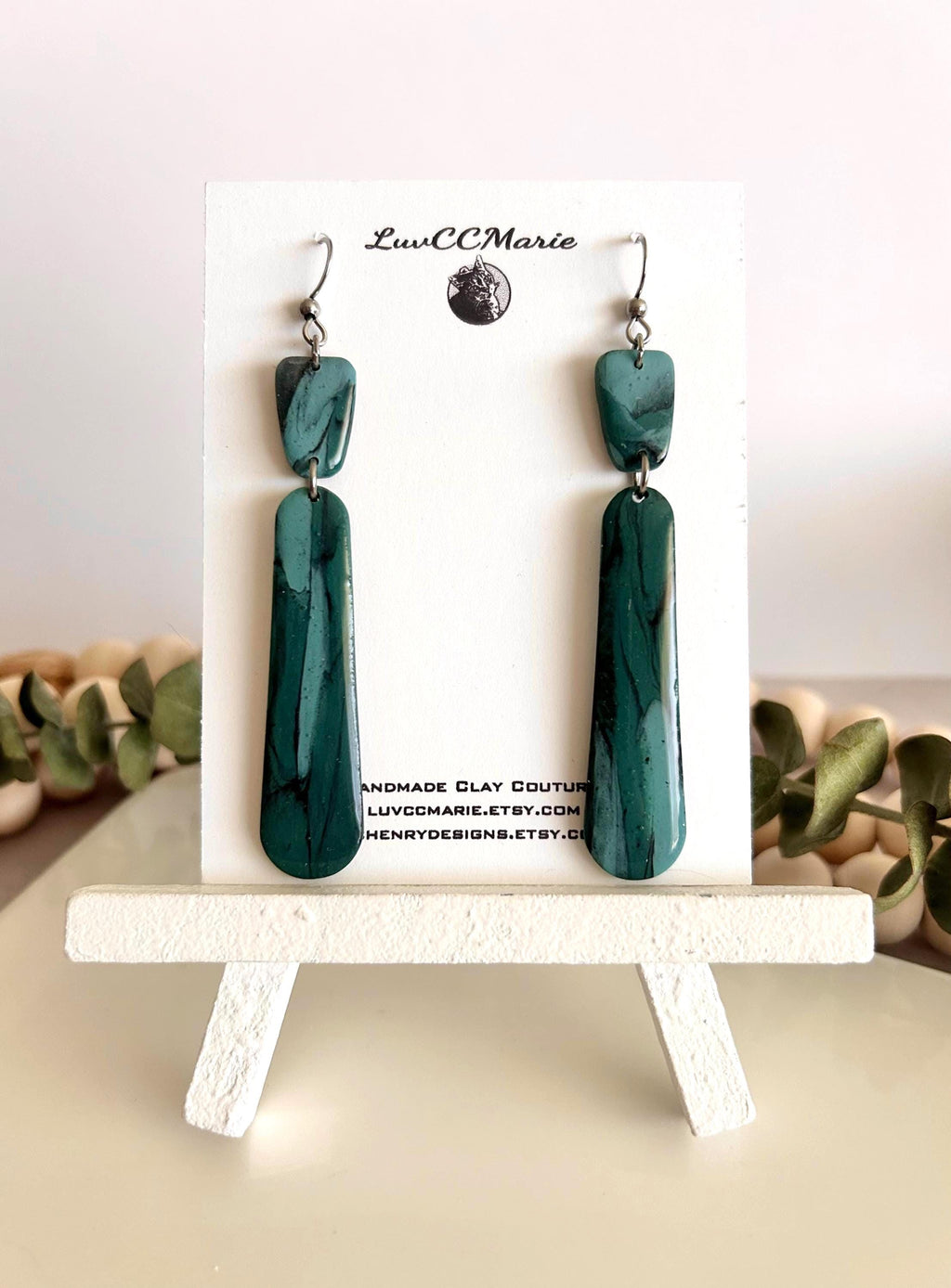 Emerald Green and Teal Blue Silver Long Dangle Earrings, Handmade Clay Coastal Jewelry