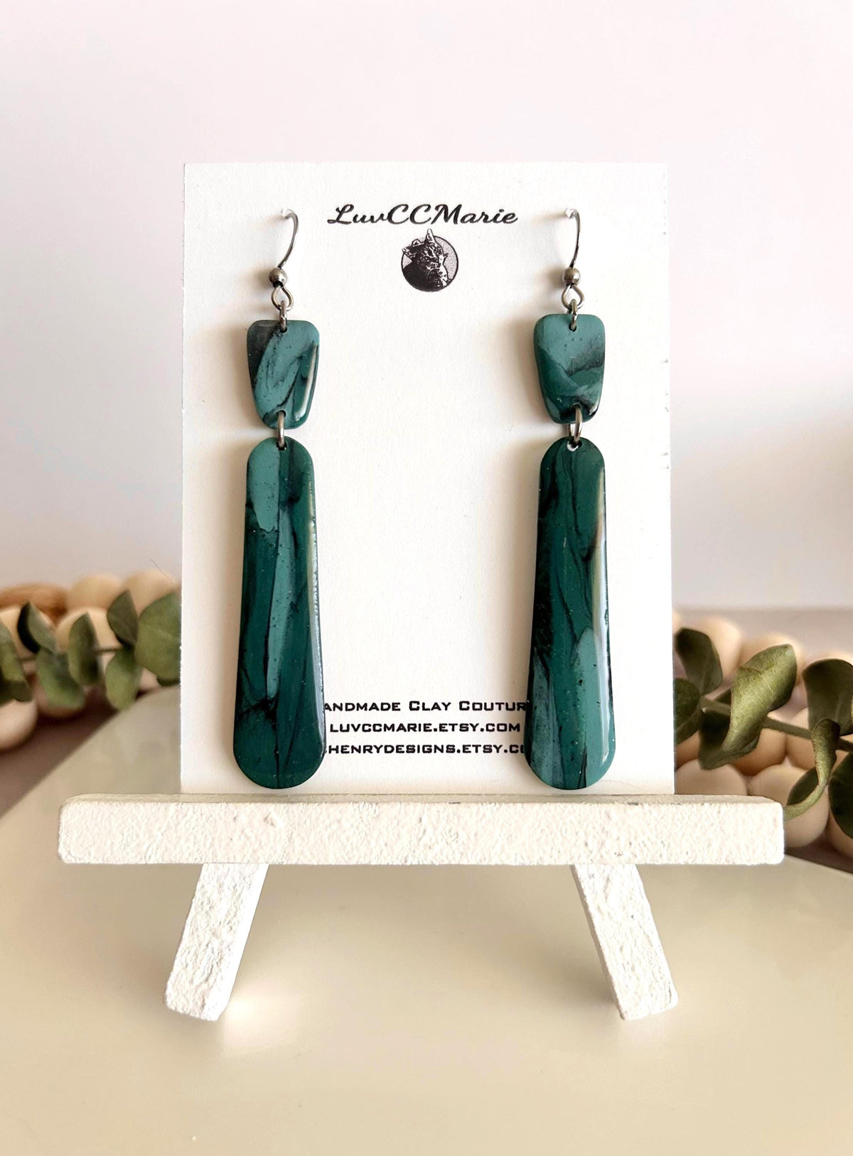 Emerald Green and Teal Blue Silver Long Dangle Earrings, Handmade Clay Coastal Jewelry