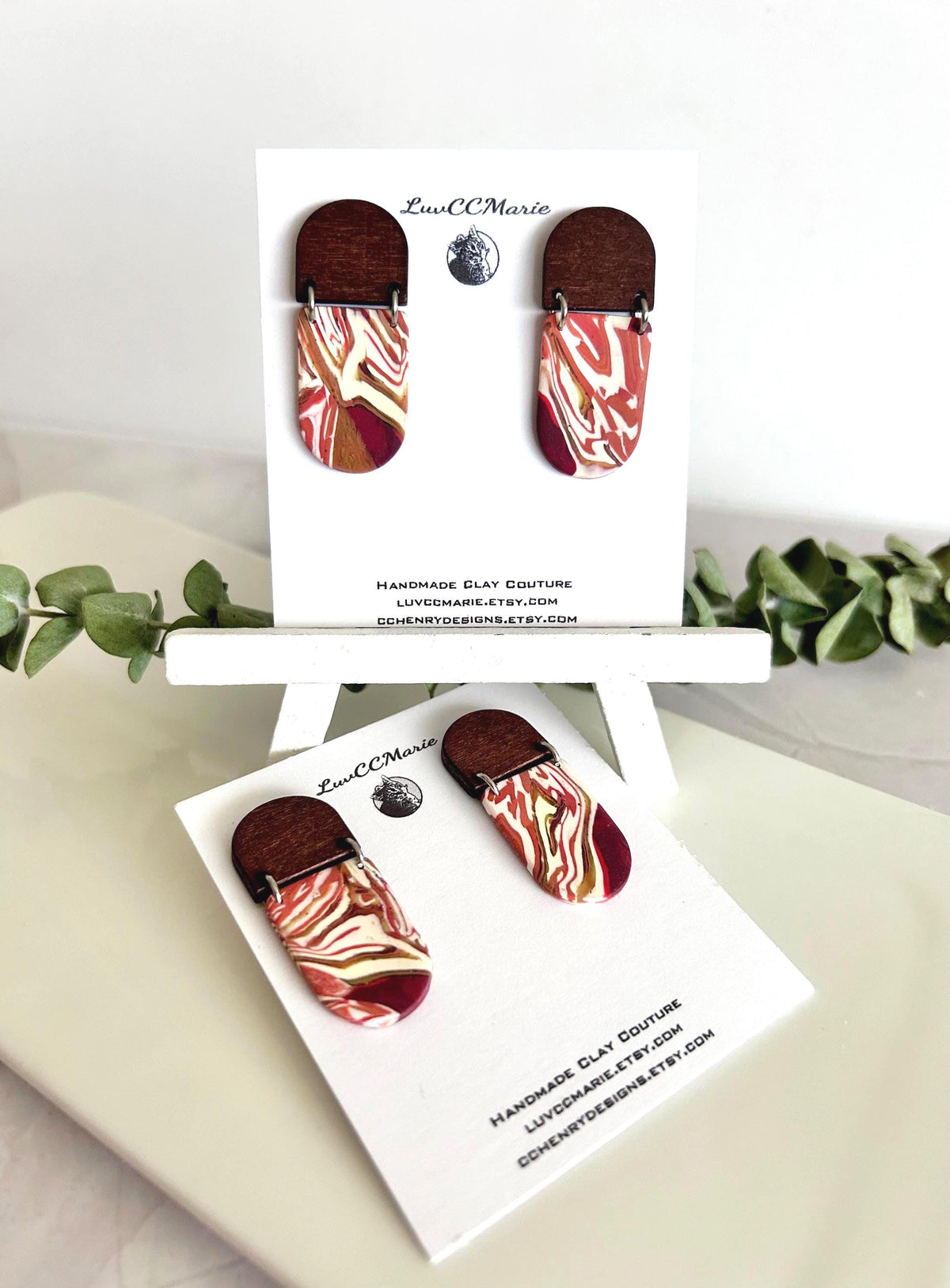 Dark Burgundy Red Clay Earrings, Terracotta Marbled Wood Dangles, Handmade Fashion Boho Jewelry