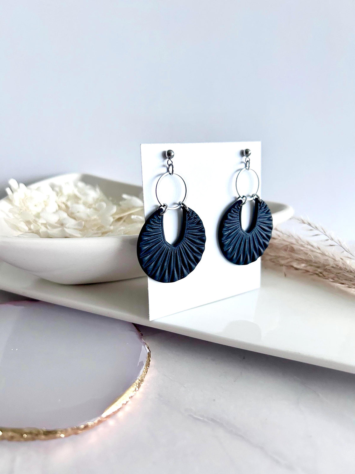 Matte Red Boho Earrings, Black and Gold Hoop Dangles, Handmade Clay Jewelry Gift