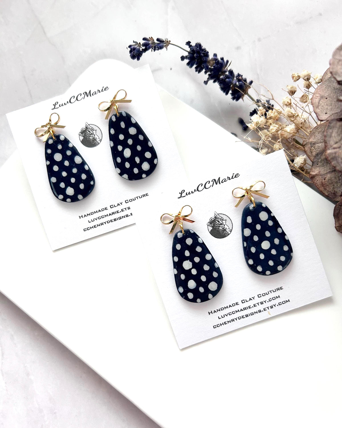 Hand Painted Navy Blue & White Polka Dot Earrings, Gold Bow Drop Dangles, Handmade Jewelry