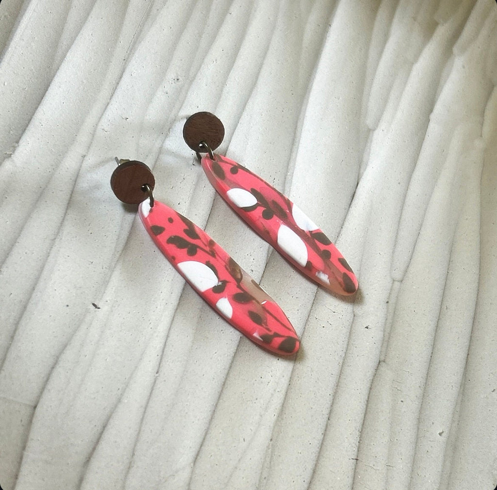 Coral Floral Clay Earrings: Boho Walnut Wood Dangles