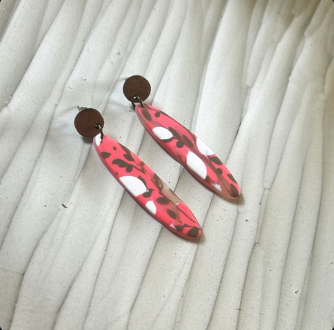 Coral Floral Clay Earrings: Boho Walnut Wood Dangles