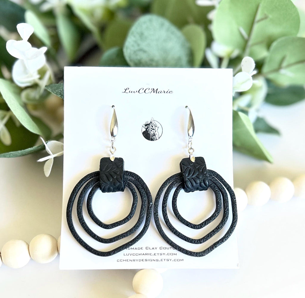 Black Silver Drop Hoops, Large Thin Hoop Dangles, Lightweight Clay Handmade Earrings, Stainless Steel