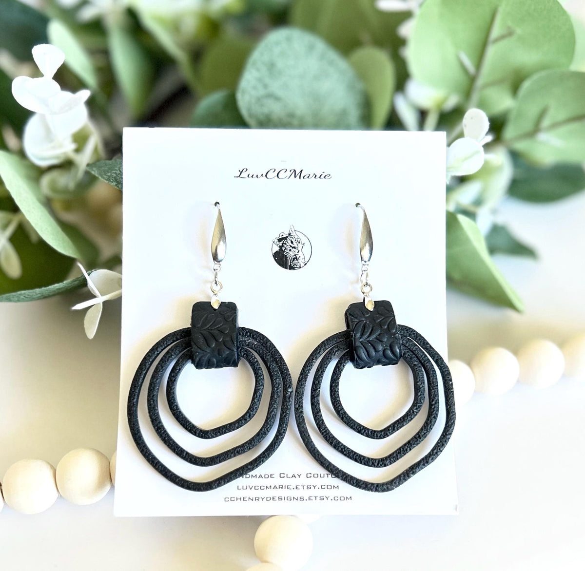 Black Silver Drop Hoops, Large Thin Hoop Dangles, Lightweight Clay Handmade Earrings, Stainless Steel