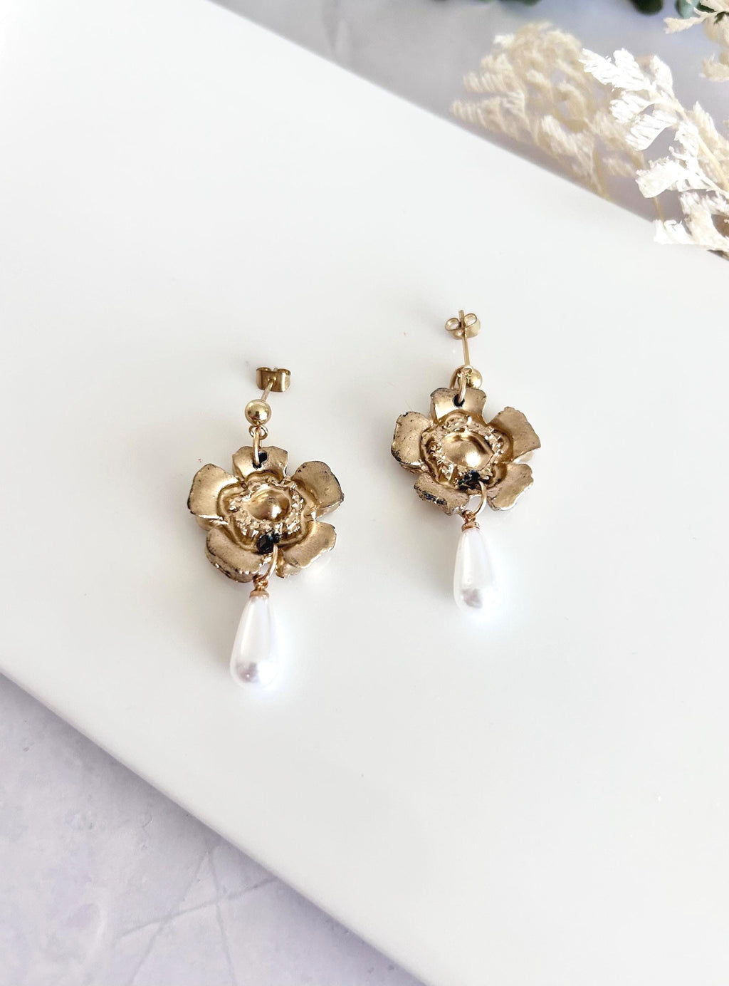 Handmade Pearl Dangle Poppy Earrings, Gold Floral Drop Dangles, Flower Bridal Clay Jewelry