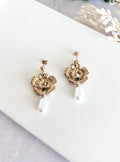 Handmade Pearl Dangle Poppy Earrings, Gold Floral Drop Dangles, Flower Bridal Clay Jewelry