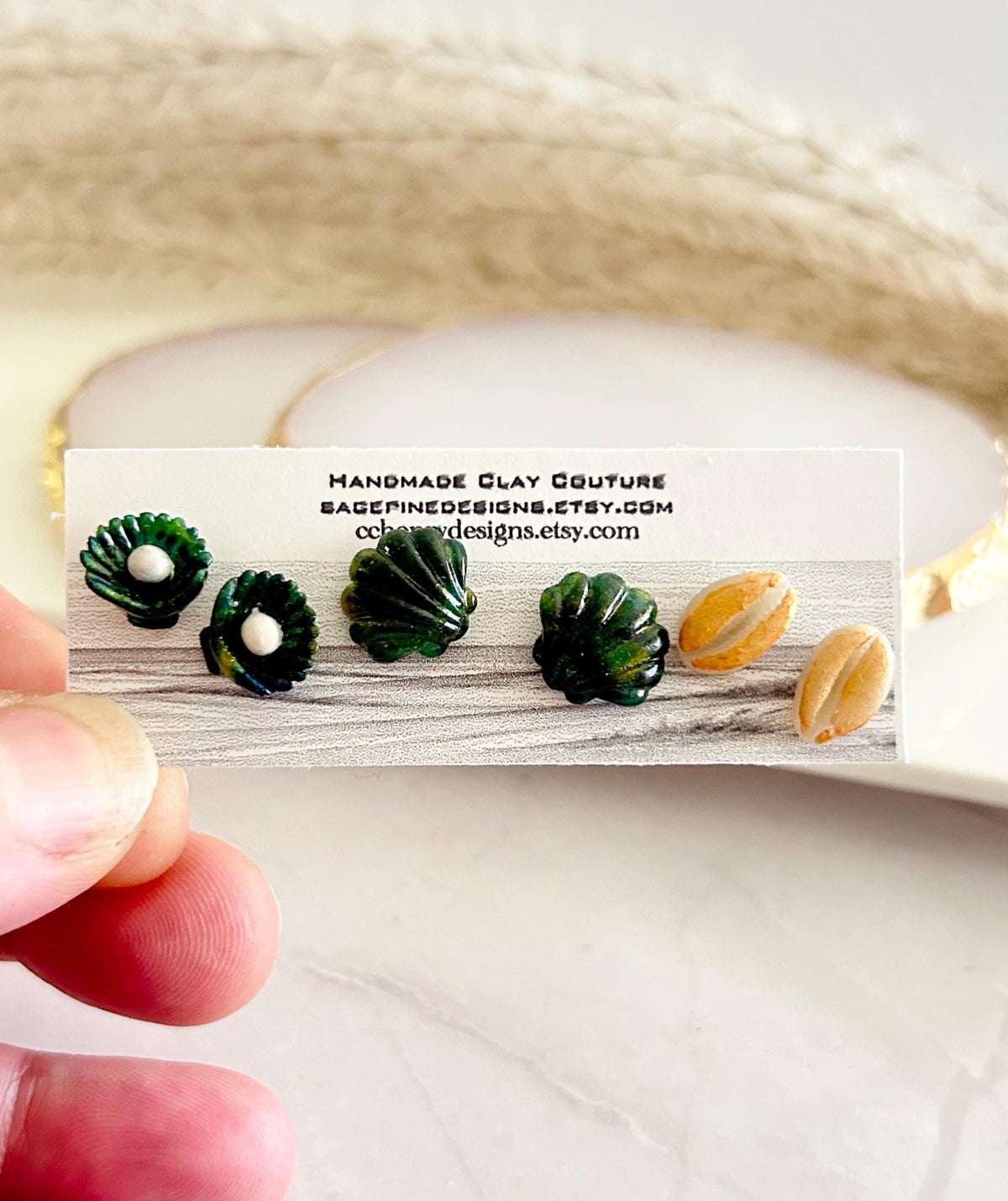 Cowrie Abalone Beach Studs, Coastal Shell Stud Set, Handmade Clay Summer Vacation Jewelry