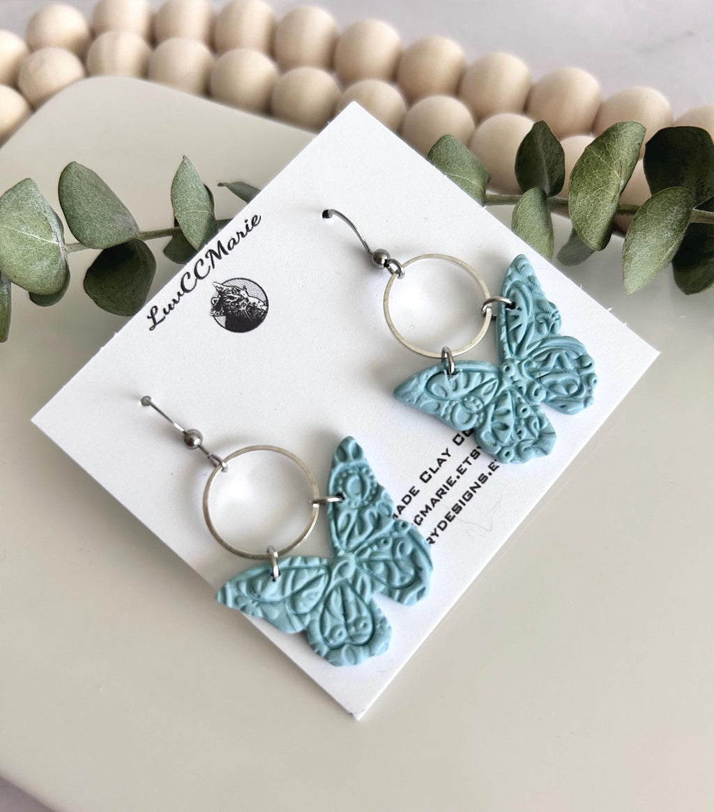 Monarch Earrings, Aqua Butterfly Hoop Dangles, Handmade Lightweight Jewelry Gift
