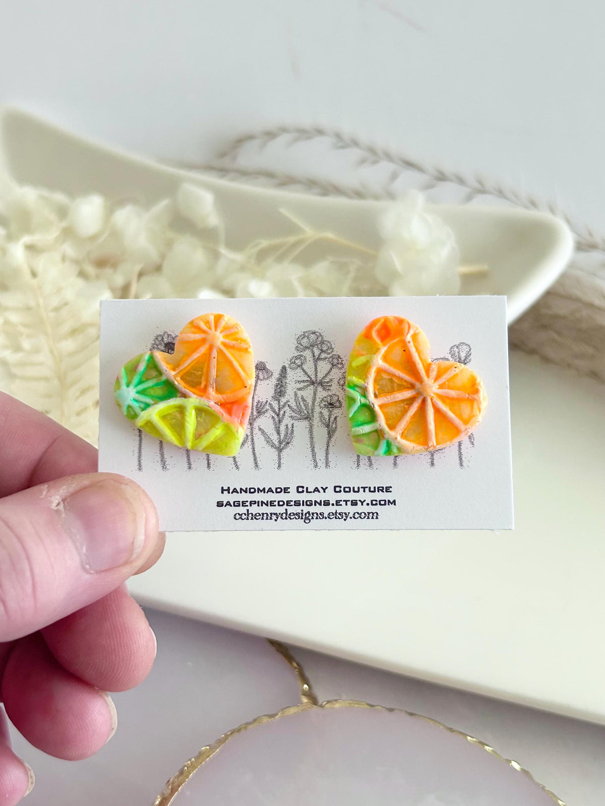 Bright Neon Citrus Studs, Blood Orange Earrings, Foodie Citrus Grapefruit Lime Lemon Clay Jewelry