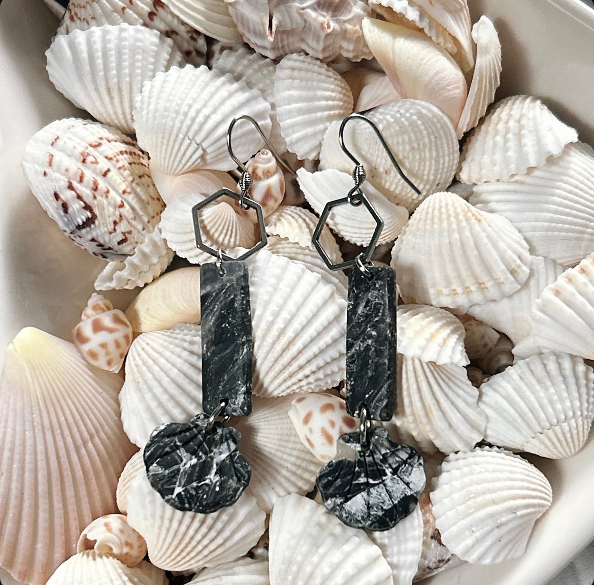 Seashell Earrings, Black Beach Dangles, Stainless Steel Long Hexagon Handmade Clay Boho Jewelry