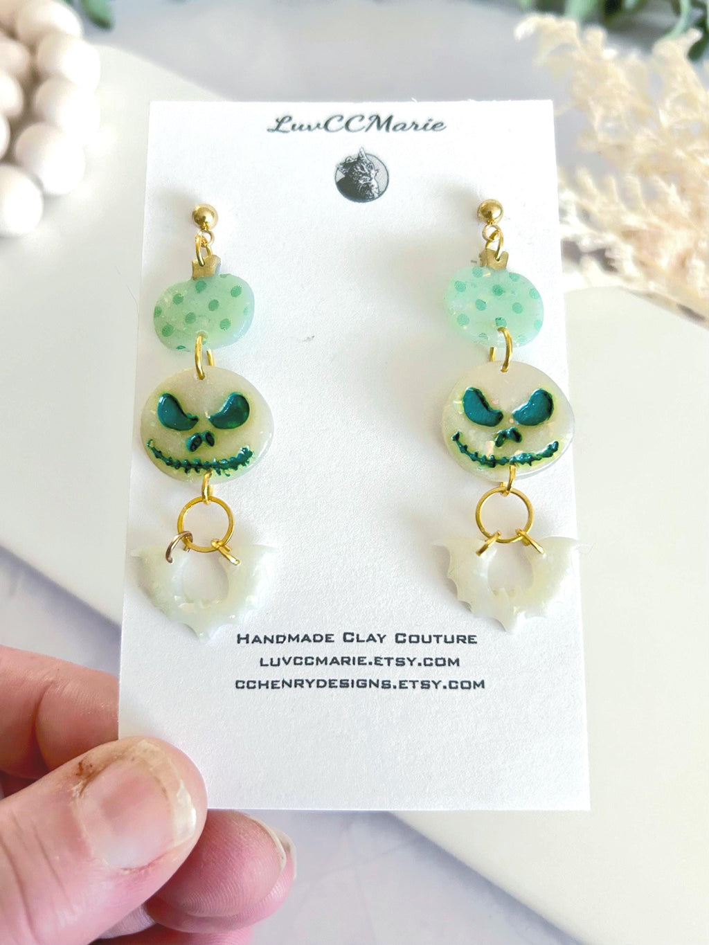 Mint Green Pumpkin Earrings, Skull Bat Long Dangles, Lightweight Hypoallergenic Clay Polka Dot