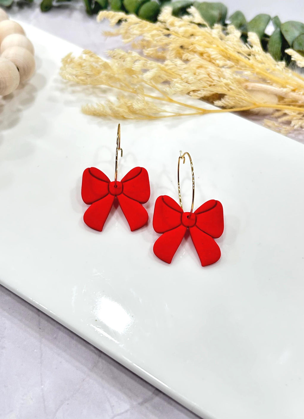 Creamy White Bow Earrings, Red Plaid Hoop Dangles, Maroon Clay Handmade Jewelry