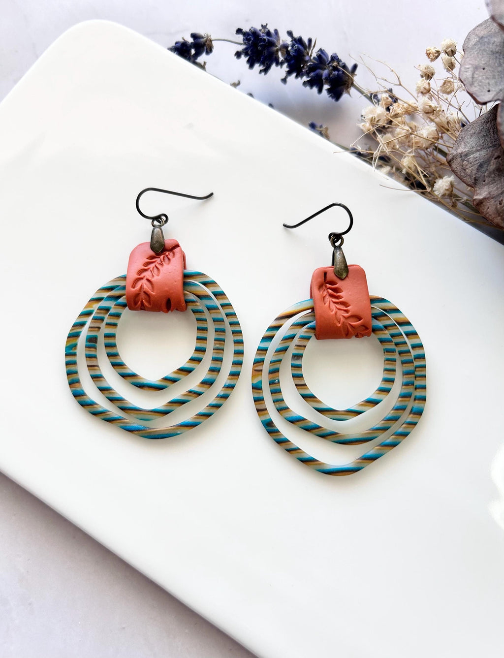 Striped Clay Hoop Dangles, Boho Statement Clay Earrings