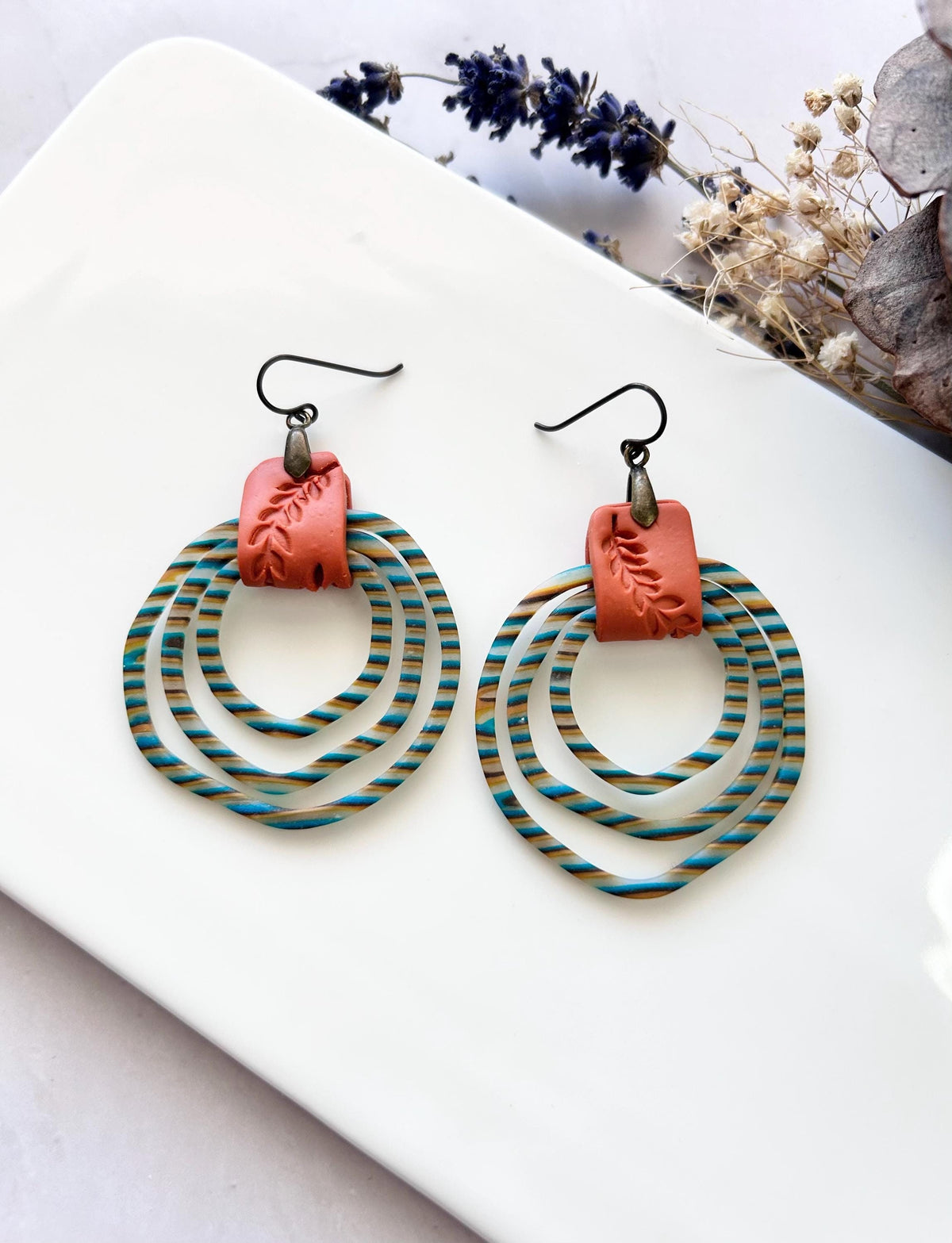 Striped Clay Hoop Dangles, Boho Statement Clay Earrings