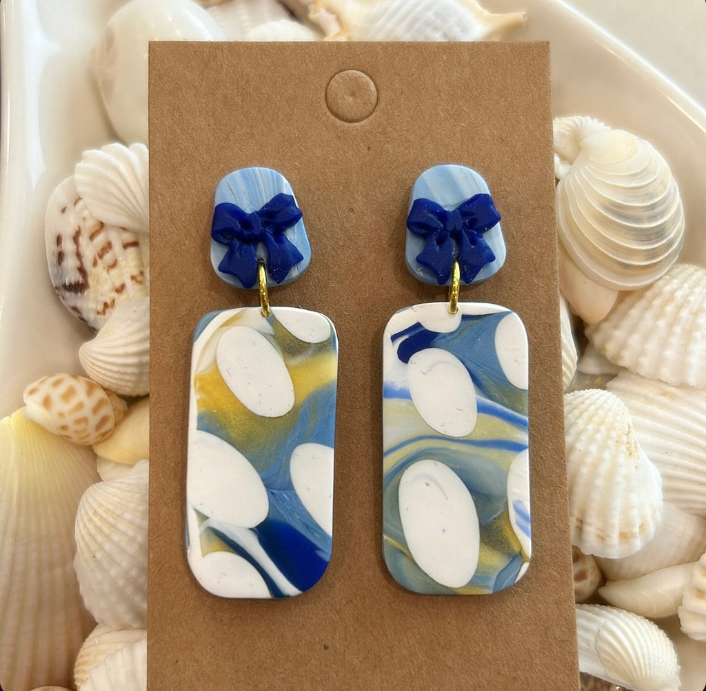 Cobalt Blue Polka Dot Stud Dangles, Gold White Clay Earrings, Handmade Fashion Clay Jewelry
