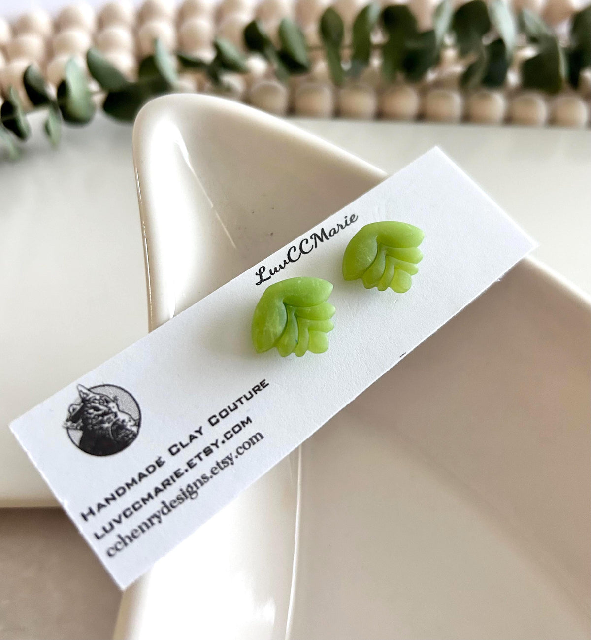 Lime Green Lotus Flower Stud Earrings: Boho Clay Jewelry