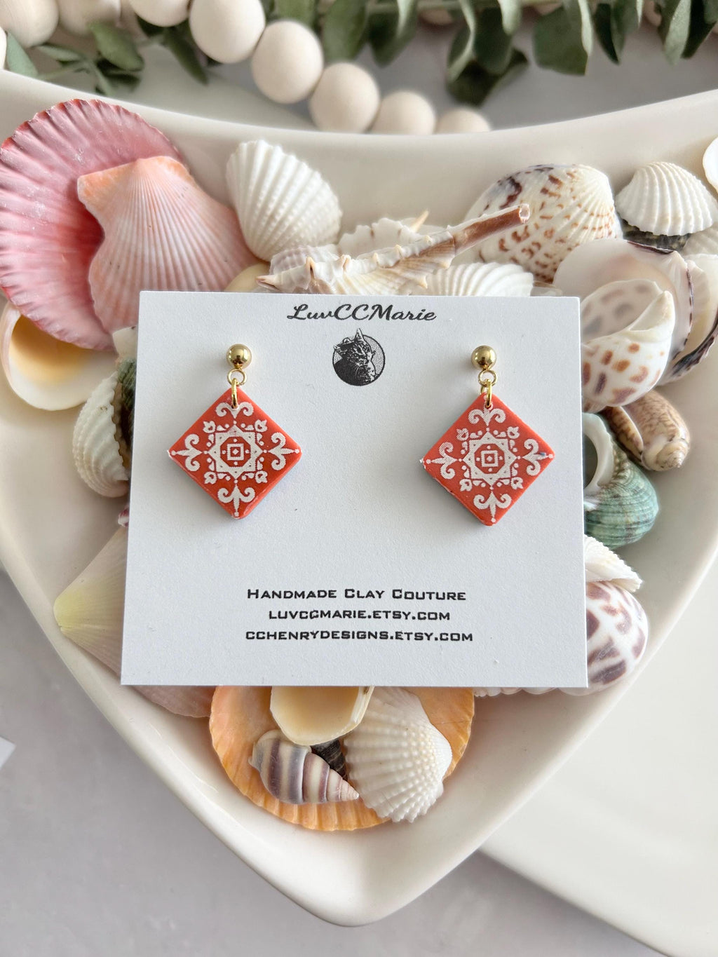 Coral Tile Clay Earrings: Hand-Painted Boho Dangle Jewelry