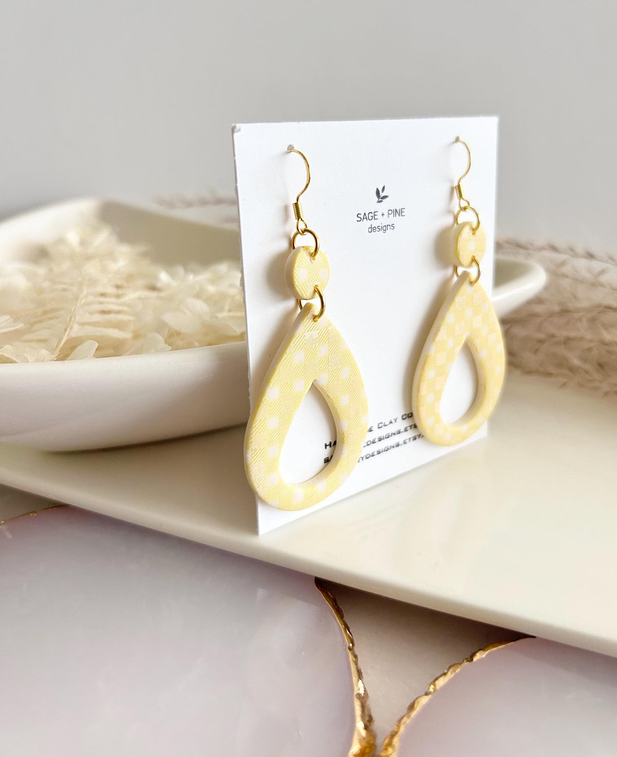 Navy Blue Gingham Check Hoop Dangles, Summer Earrings, Retro Clay Handmade Fashion Jewelry Gift