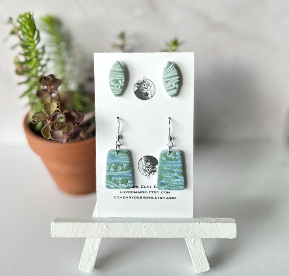 Handmade Clay Dangle Earrings Set: Santorini Tile, Surfboard, Sealife