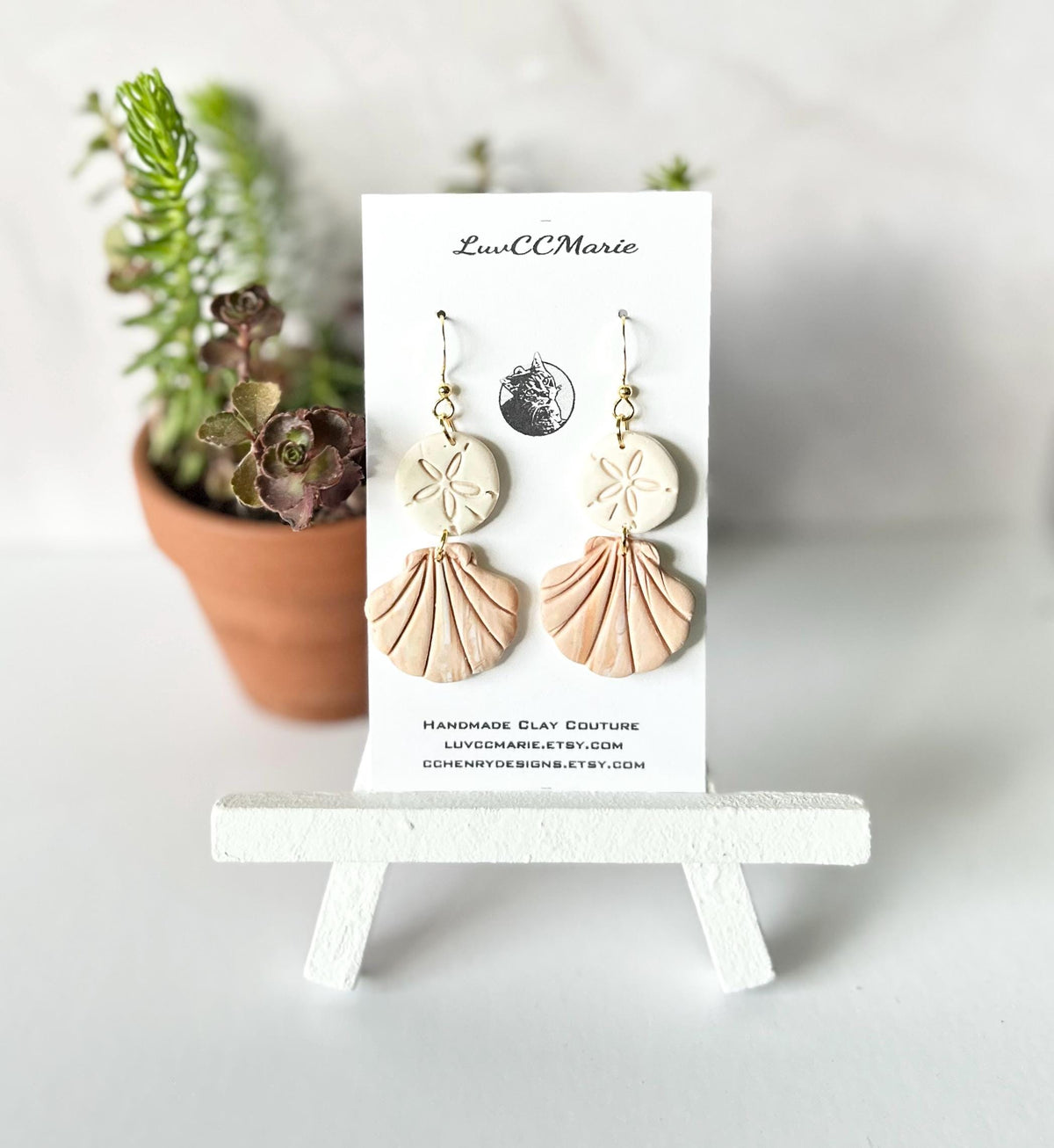 Handmade Clay Coastal Earrings, White Shell Sand Dollar Dangles, 18k Gold Vacation Jewelry